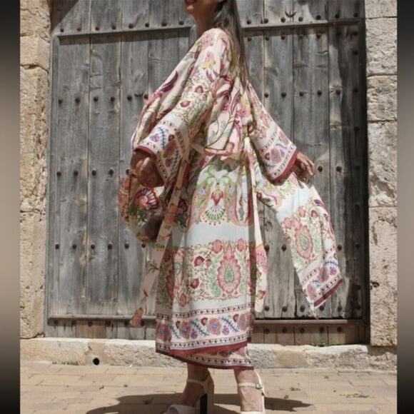 ZARA Pink Printed Belted Long Line Open Front Kimono Robe Duster Sz XS S M New - Picture 10 of 15